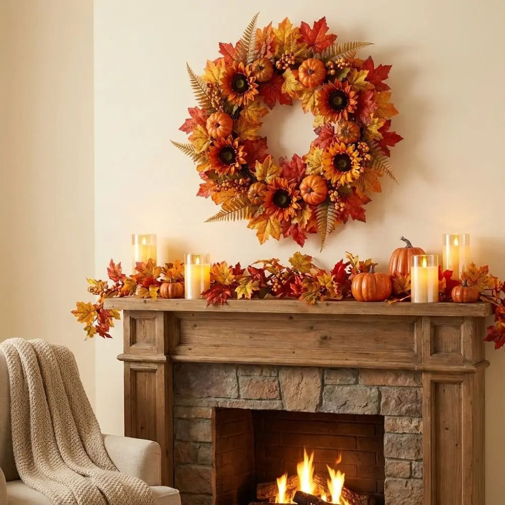 Herbstkranz mit Sonnenblumen &amp; Kürbissen