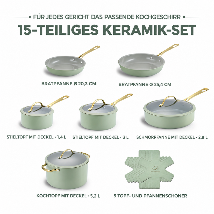Stars Keramik-Kochgeschirr-Set, 15-teilig, mit goldenen Griffen | Salbeigrün