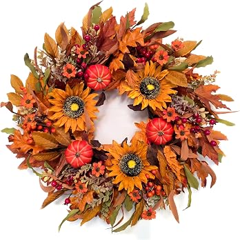 Herbstkranz mit Sonnenblumen &amp; Kürbissen