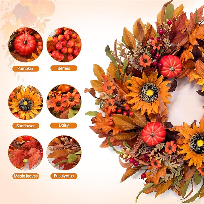 Herbstkranz mit Sonnenblumen &amp; Kürbissen
