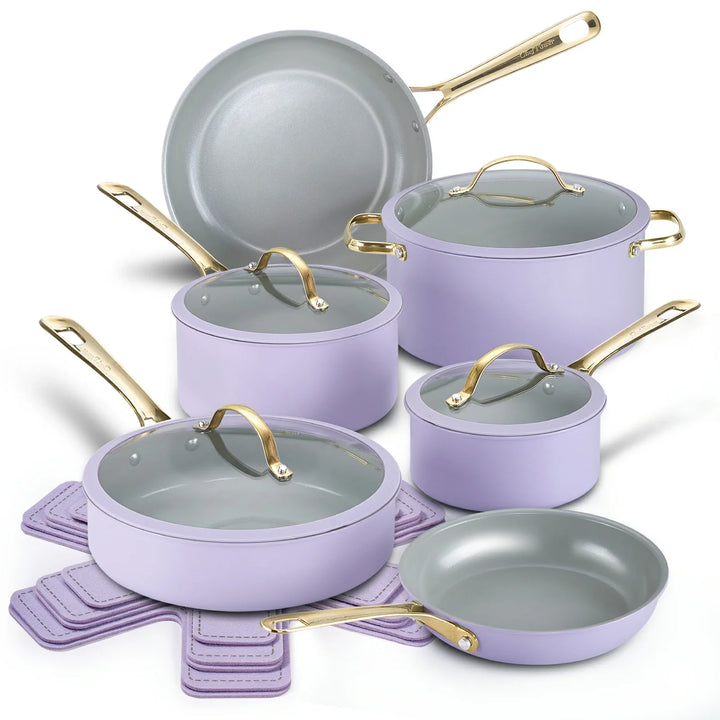 Stars Keramik-Kochgeschirr-Set, 15-teilig, mit goldenen Griffen | Hellviolett