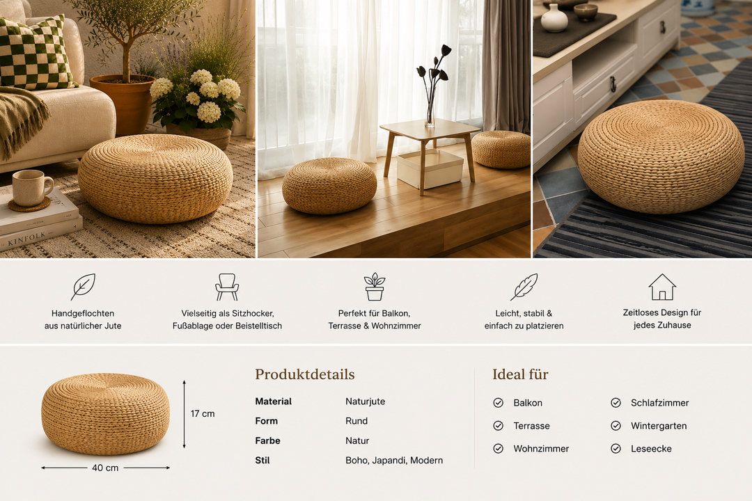 Pouf rotondo in iuta Kaumakani – intrecciato