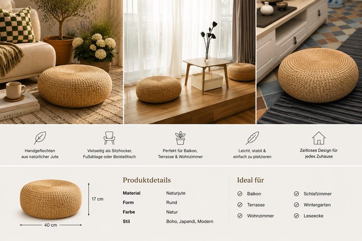 Pouf rotondo in iuta Kaumakani – intrecciato