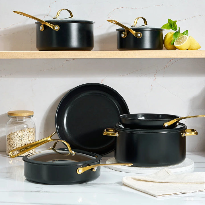 Stars Keramik-Kochgeschirr-Set, 15-teilig, mit goldenen Griffen | Schwarz