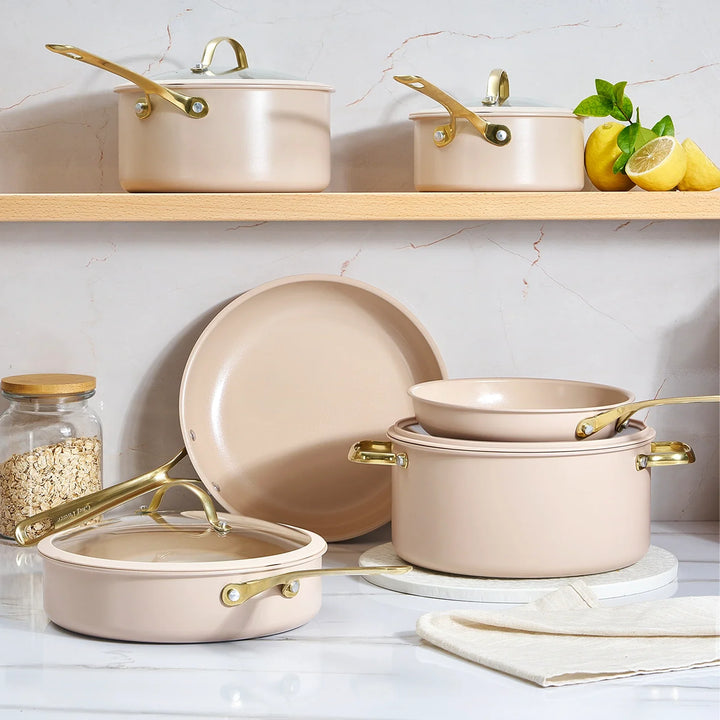 Stars Keramik-Kochgeschirr-Set, 15-teilig, mit goldenen Griffen | Taupe
