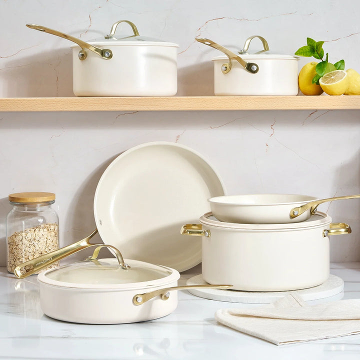 Stars Keramik-Kochgeschirr-Set, 15-teilig, mit goldenen Griffen | Cremeweiß