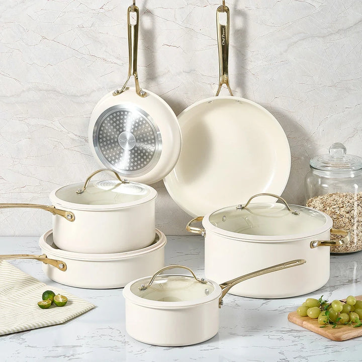 Stars Keramik-Kochgeschirr-Set, 15-teilig, mit goldenen Griffen | Cremeweiß