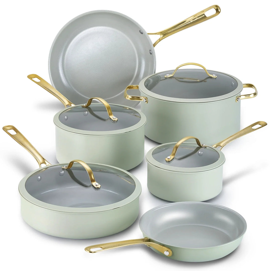 Stars Keramik-Kochgeschirr-Set, 15-teilig, mit goldenen Griffen | Salbeigrün