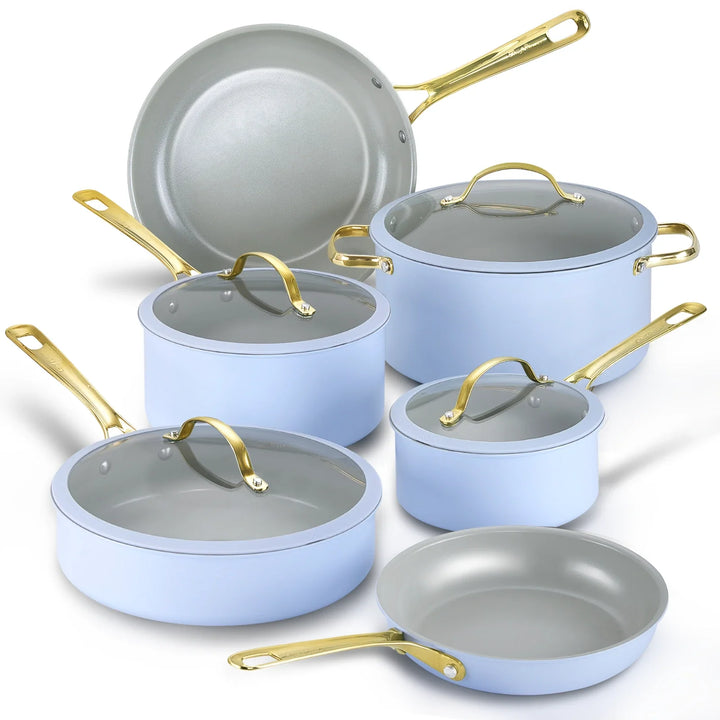 Stars Keramik-Kochgeschirr-Set, 15-teilig, mit goldenen Griffen | hellblau