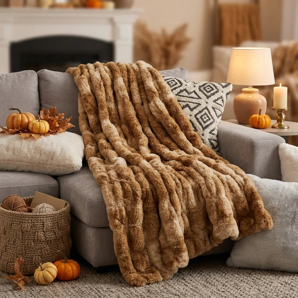 Ruched Faux Fur Throw Blanket