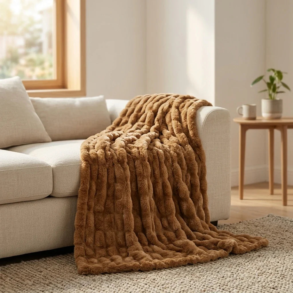 Ruched Faux Fur Throw Blanket